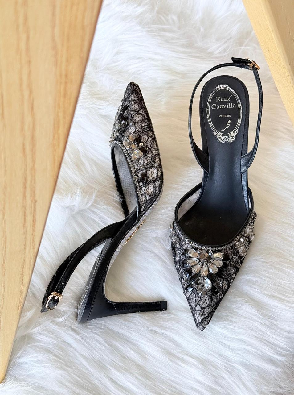 RENE CAOVILLA CRYSTAL EMBELLISHED LACE SLINGBACK
